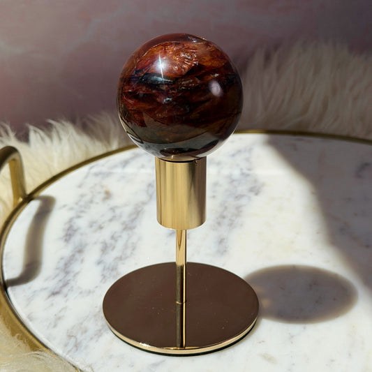 AAA Saturated Fire Quartz Sphere on Gold Stand 0.6lb | Natural Brazil Crystal