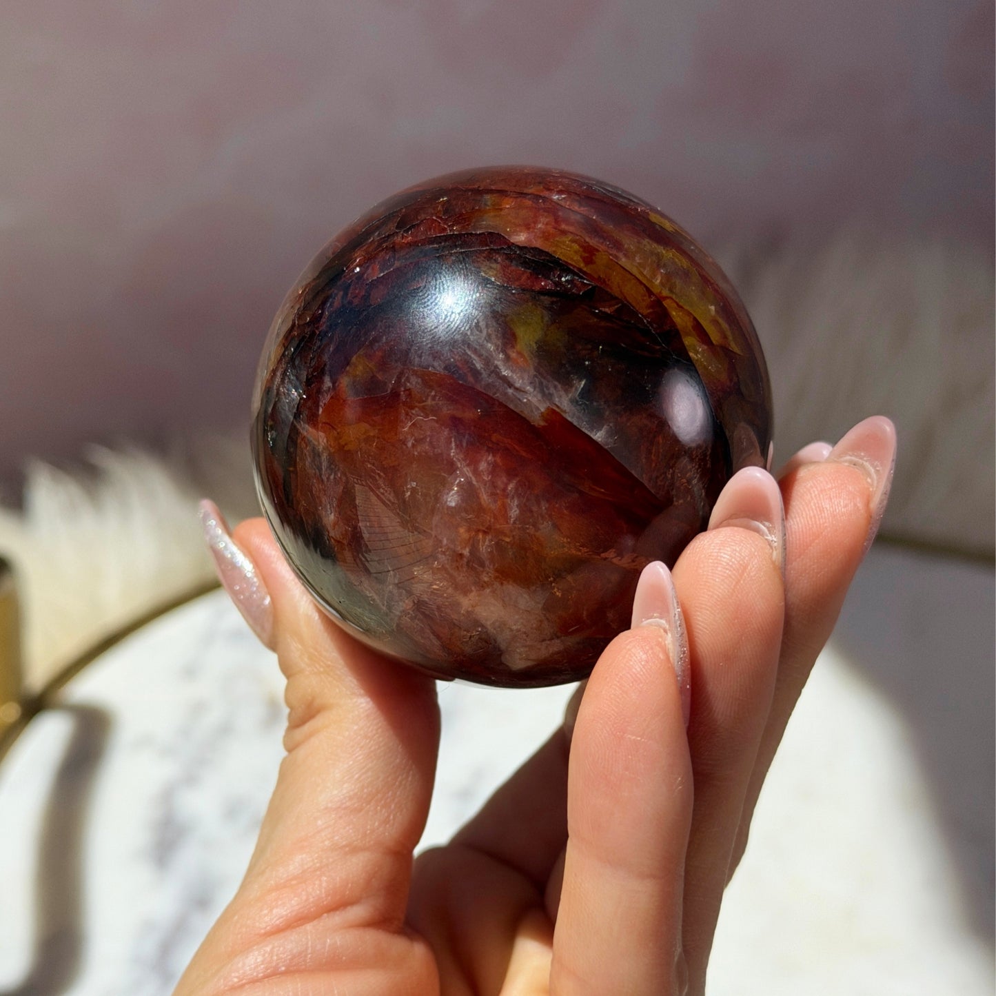 AAA Saturated Fire Quartz Sphere on Gold Stand 0.6lb | Natural Brazil Crystal