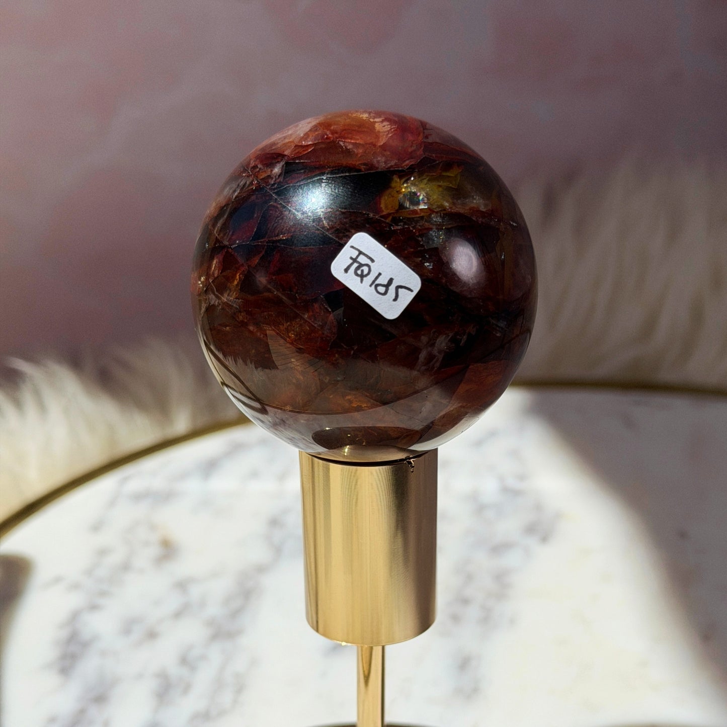 AAA Saturated Fire Quartz Sphere on Gold Stand 0.6lb | Natural Brazil Crystal