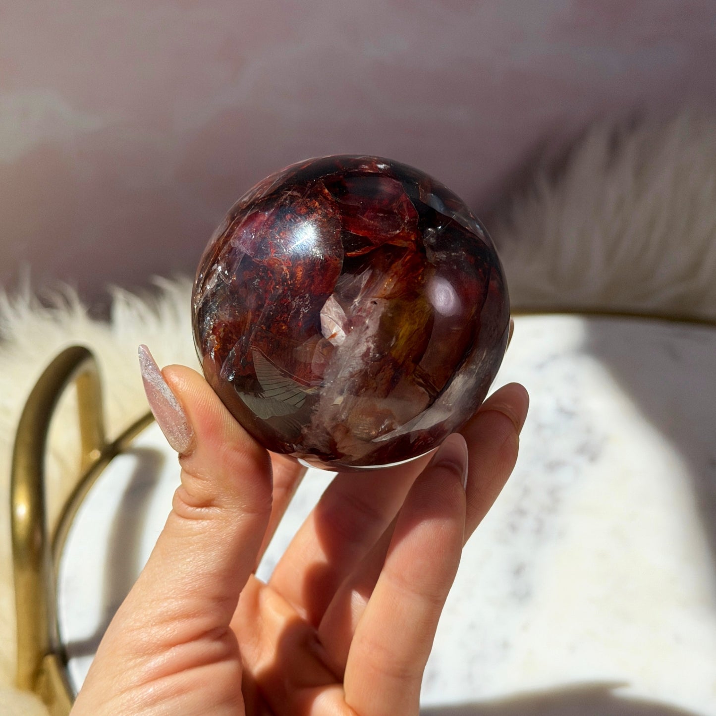 AAA Saturated Fire Quartz Sphere on Gold Stand 0.7lb | Natural Brazil Crystal