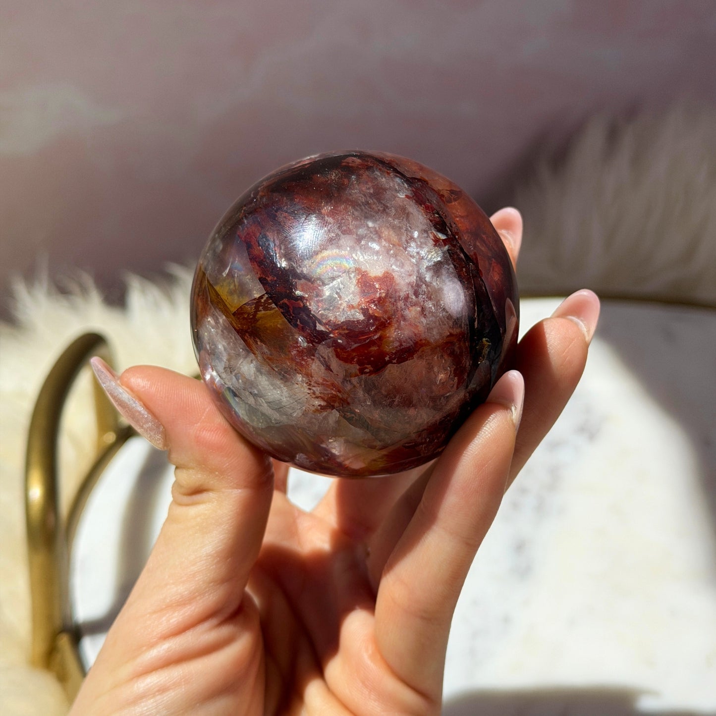 AAA Saturated Fire Quartz Sphere on Gold Stand 0.7lb | Natural Brazil Crystal