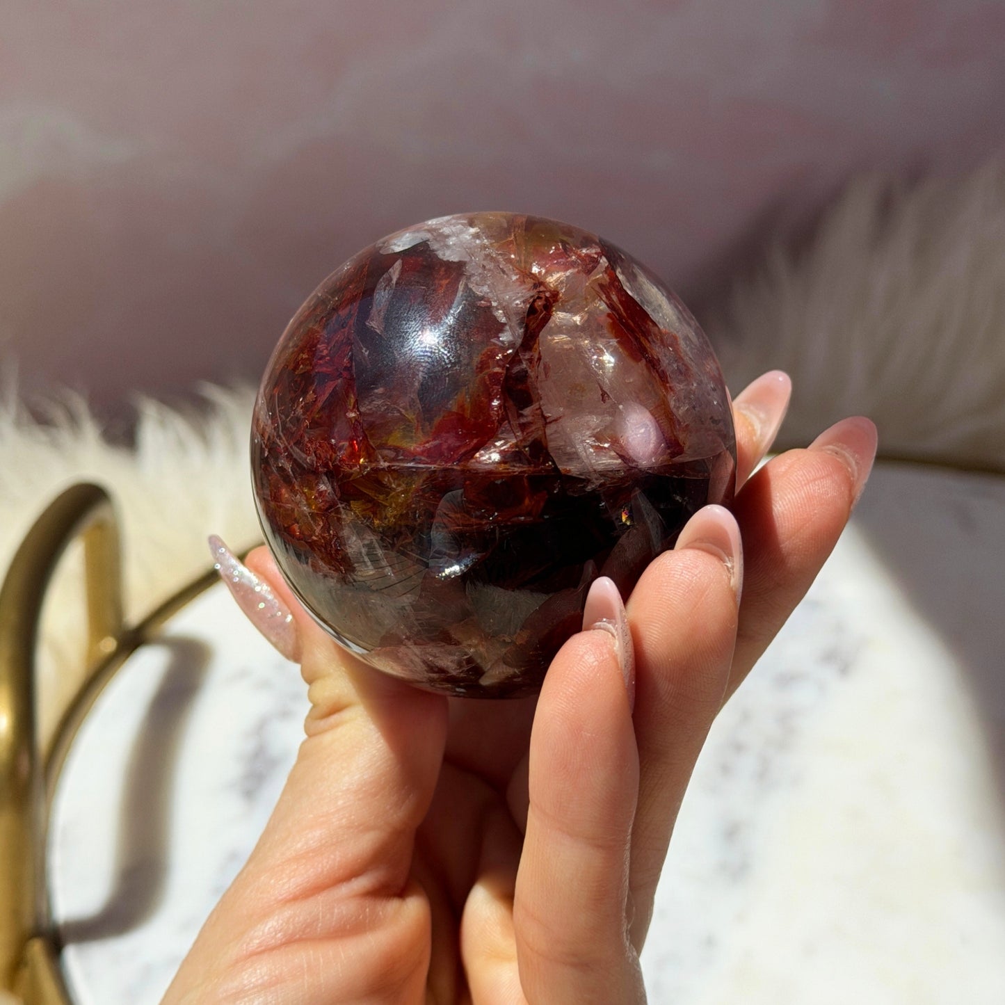 AAA Saturated Fire Quartz Sphere on Gold Stand 0.7lb | Natural Brazil Crystal