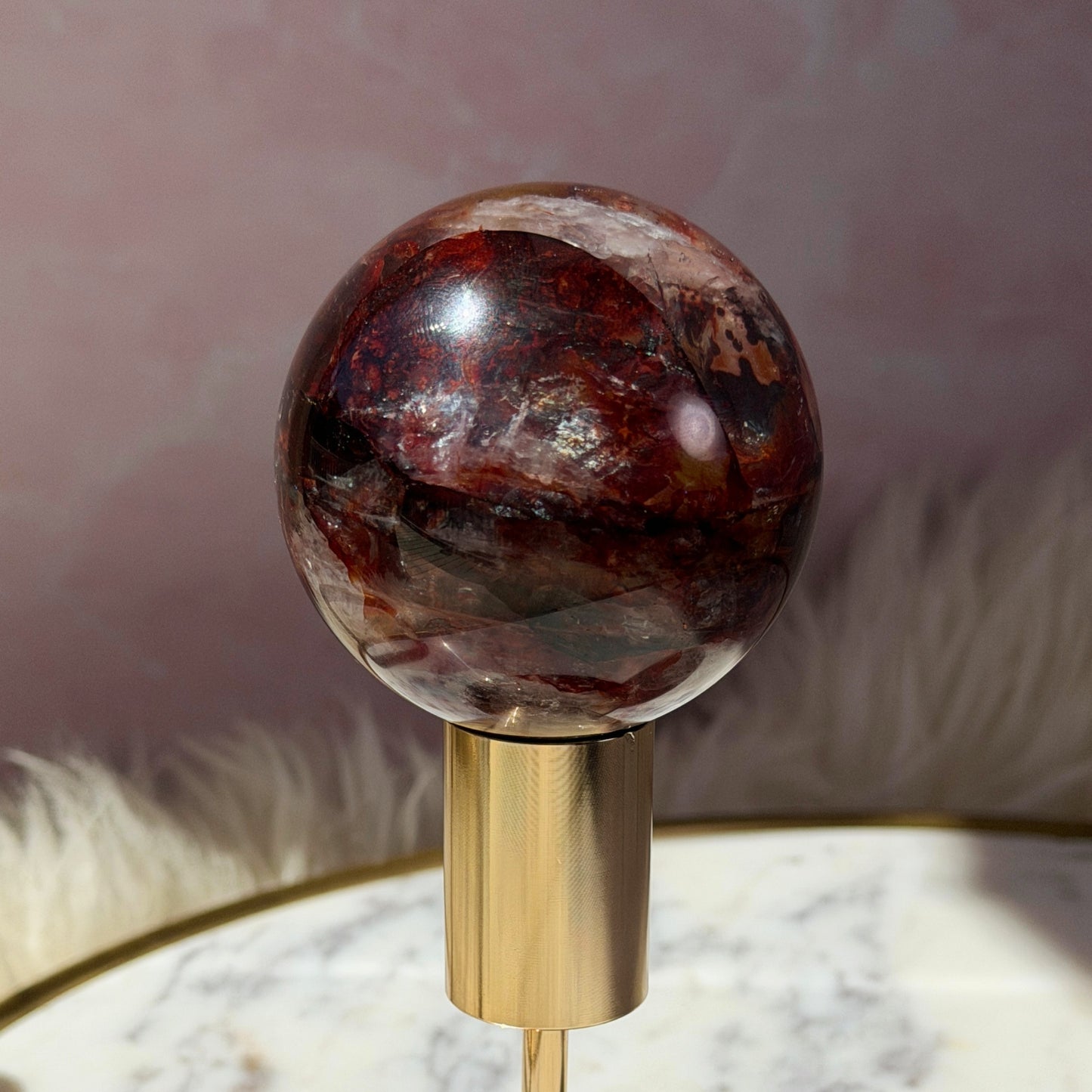 AAA Saturated Fire Quartz Sphere on Gold Stand 0.7lb | Natural Brazil Crystal