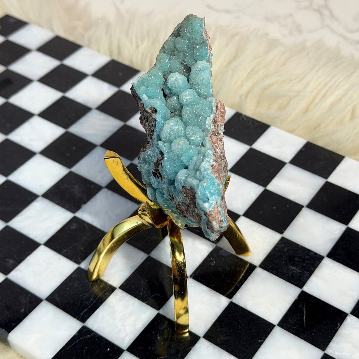 Druzy Hemimorphite on Gold Stand Natural Congo Mineral Specimen