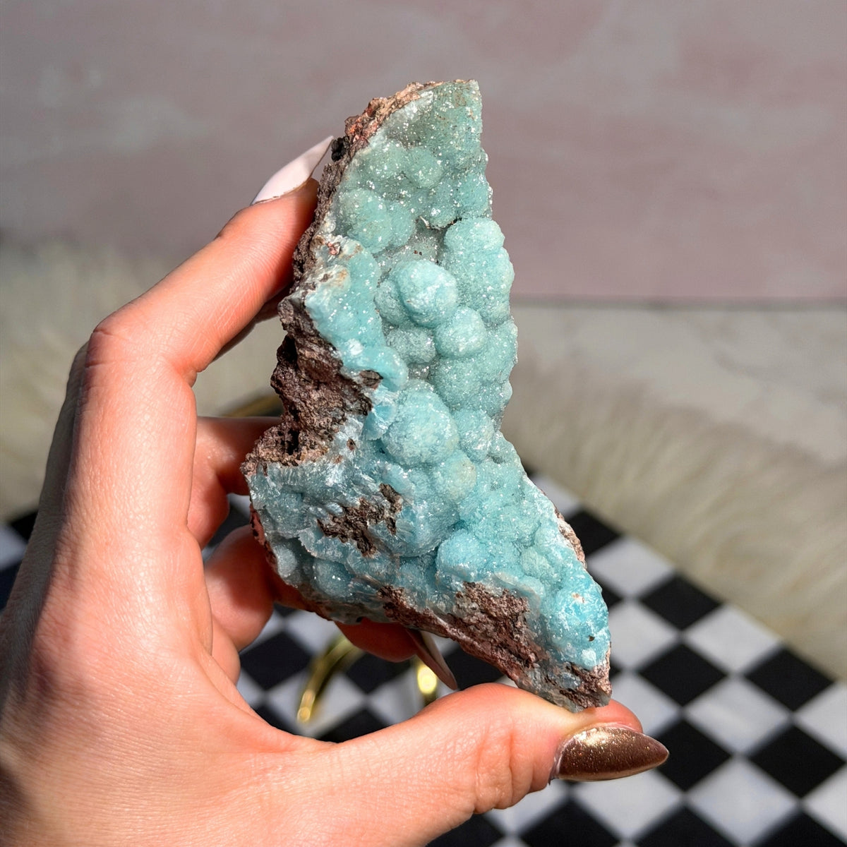 Druzy Hemimorphite on Gold Stand Natural Congo Mineral Specimen