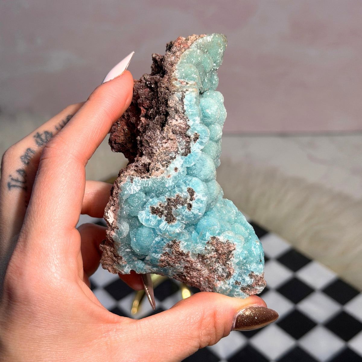 Druzy Hemimorphite on Gold Stand Natural Congo Mineral Specimen