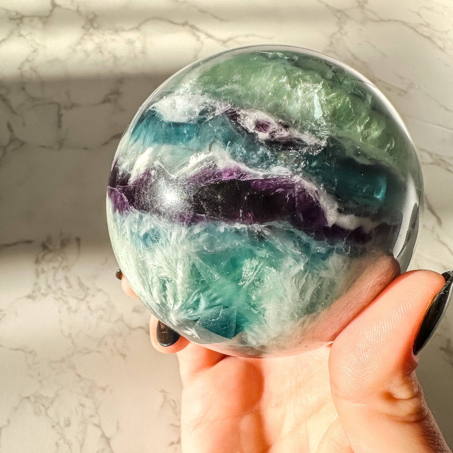 Large Feather Rainbow Fluorite Sphere #2  (1. lbs 1.3 oz)