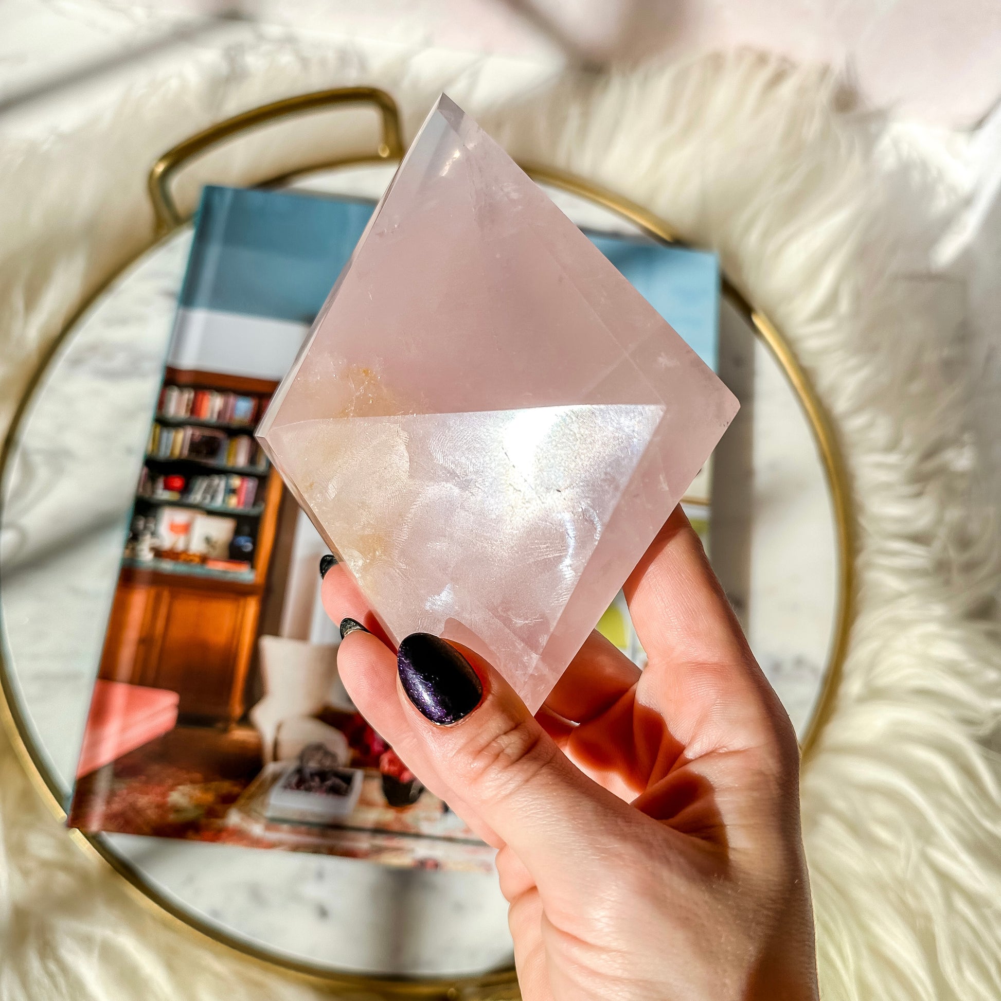 Rose Quartz Diamond on a Gold Stand