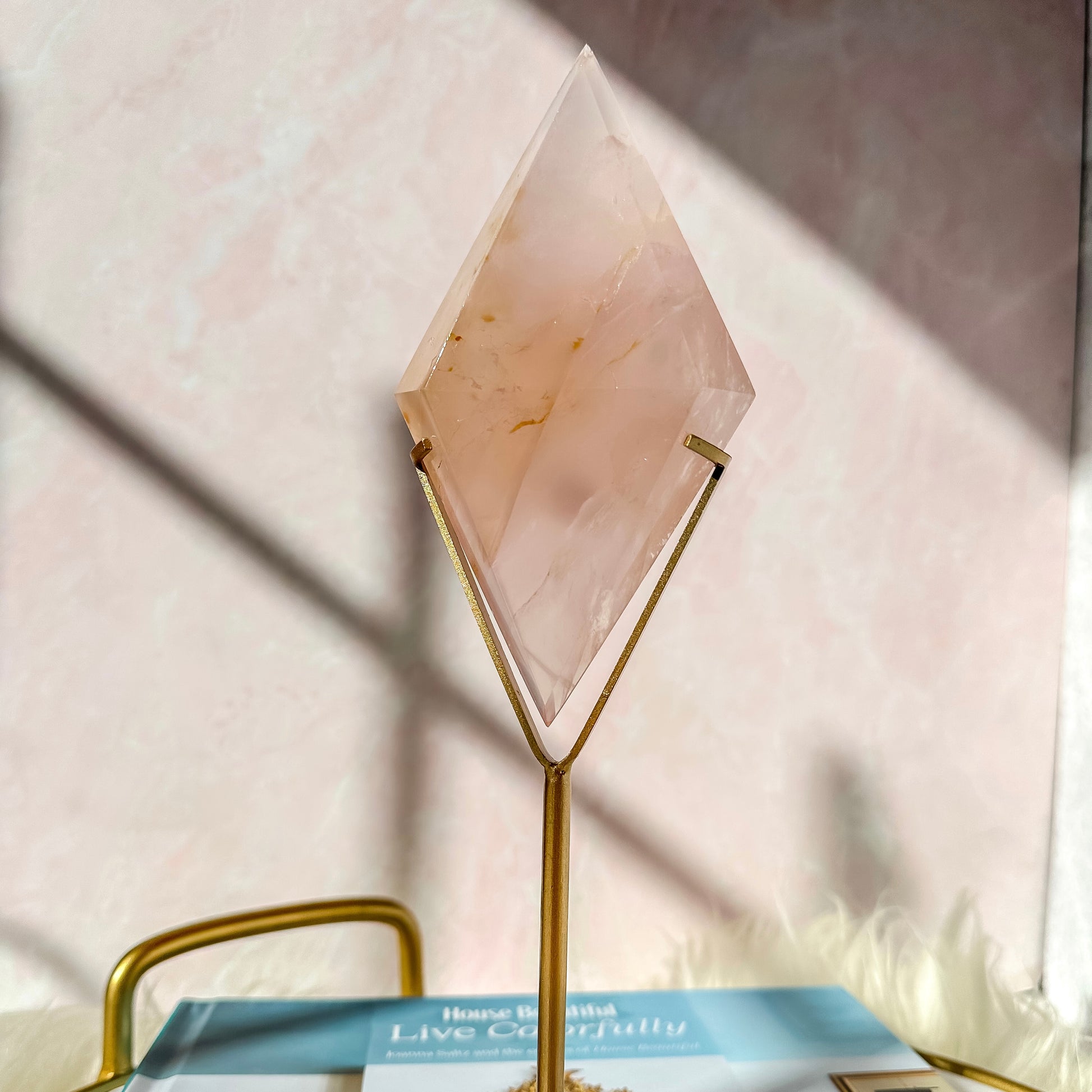 Rose Quartz Diamond on a Gold Stand #4