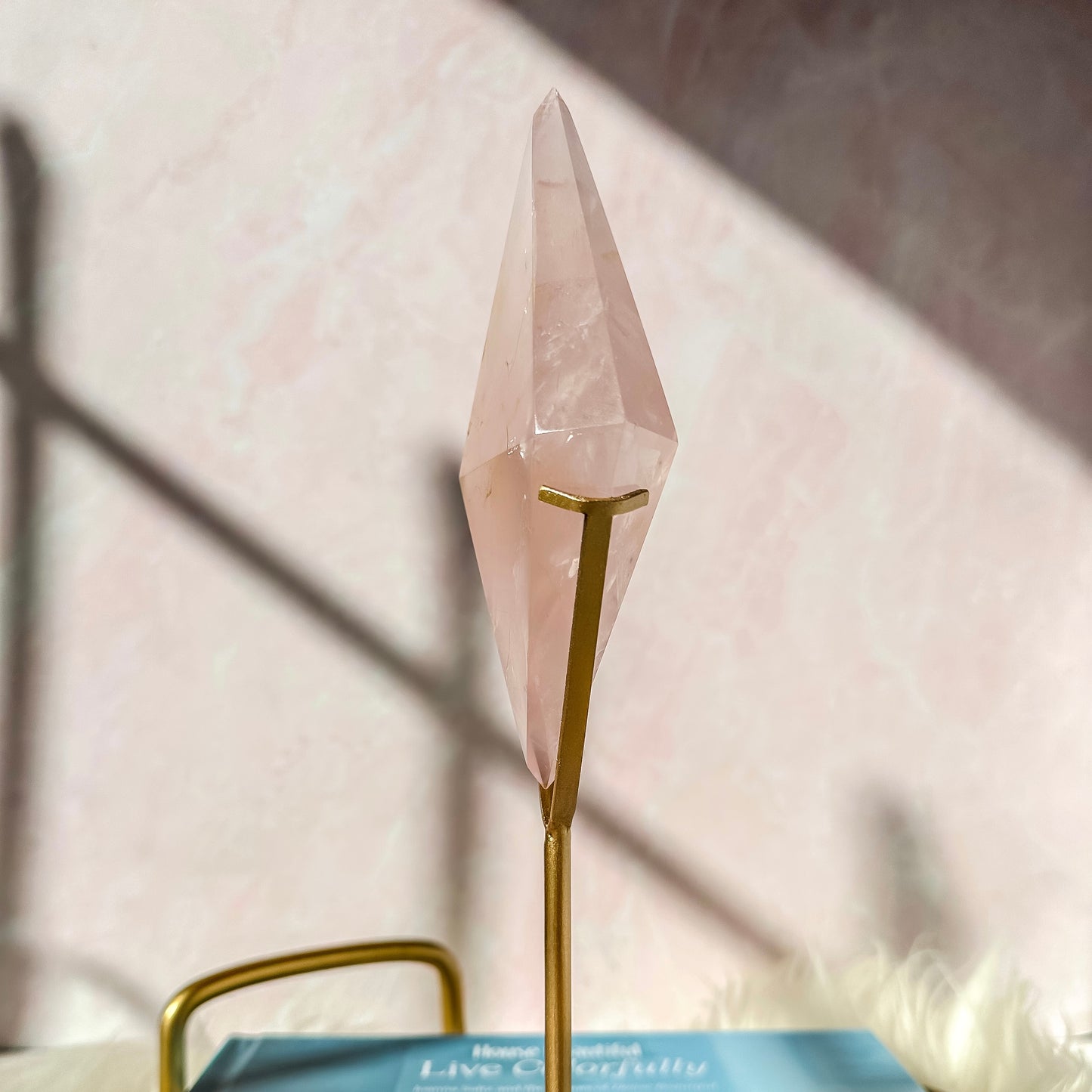 Rose Quartz Diamond on a Gold Stand #4