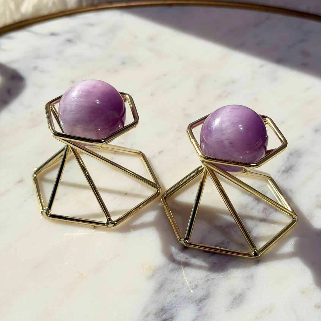 Kunzite Sphere 57g on Gold Stand Natural Crystal Decor