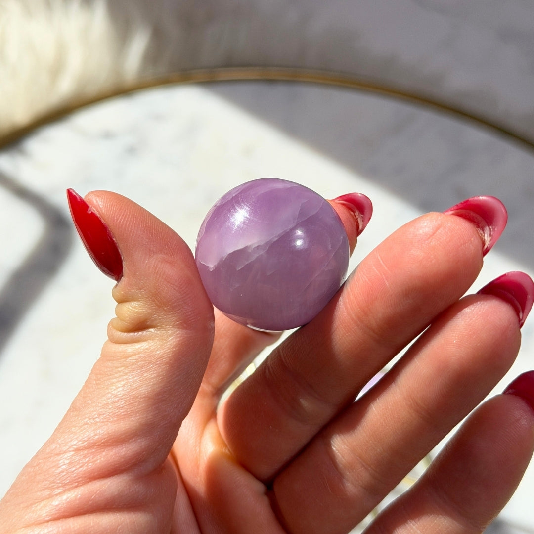 Kunzite Sphere 57g on Gold Stand Natural Crystal Decor