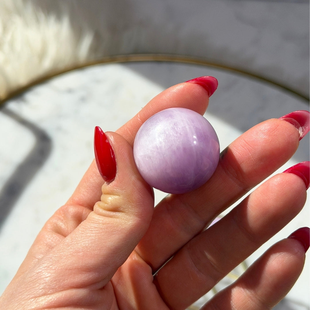 Kunzite Sphere 57g on Gold Stand Natural Crystal Decor