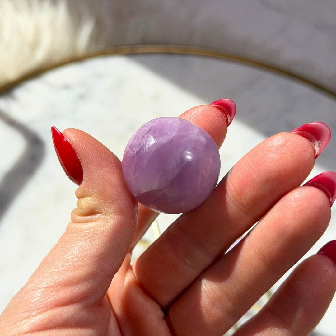 Kunzite Sphere 57g on Gold Stand Natural Crystal Decor
