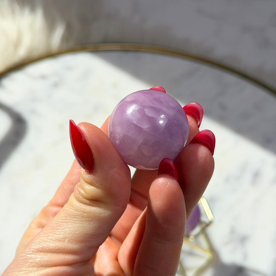 Kunzite Sphere 57g on Gold Stand Natural Crystal Decor