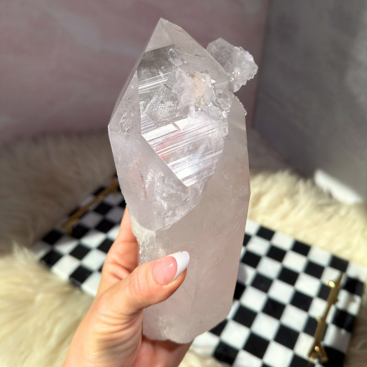 Self Healed Lemurian Quartz Point 3.5lb Brazil Crystal on Custom Stand