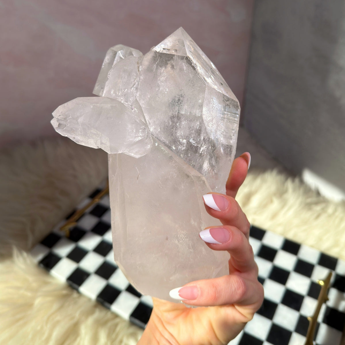 Self Healed Lemurian Quartz Point 3.5lb Brazil Crystal on Custom Stand