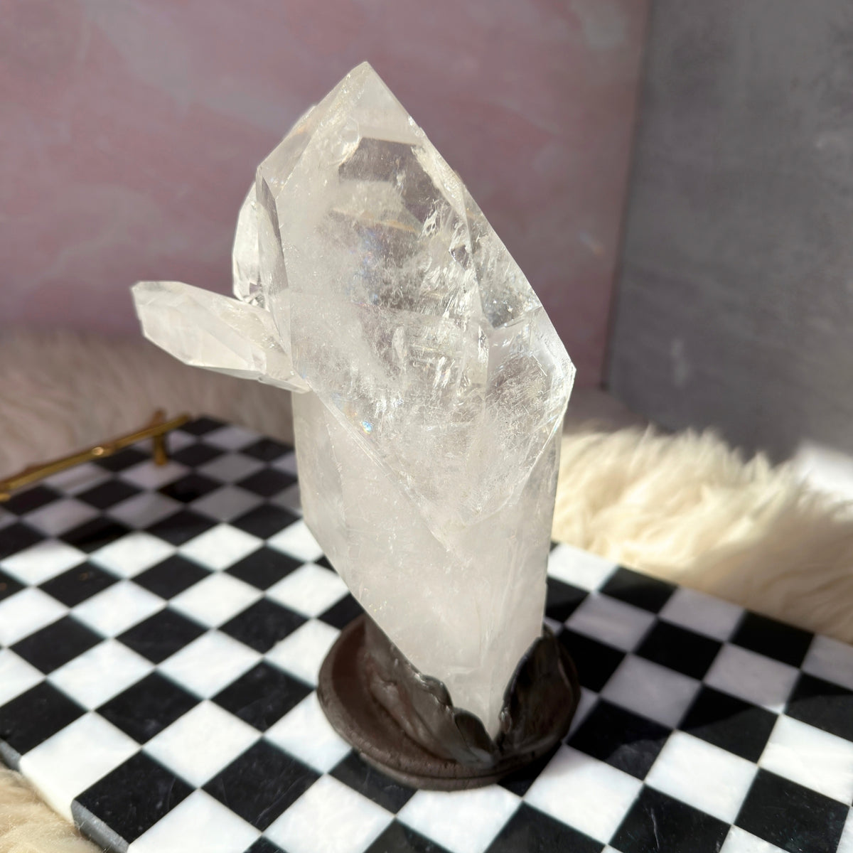 Self Healed Lemurian Quartz Point 3.5lb Brazil Crystal on Custom Stand