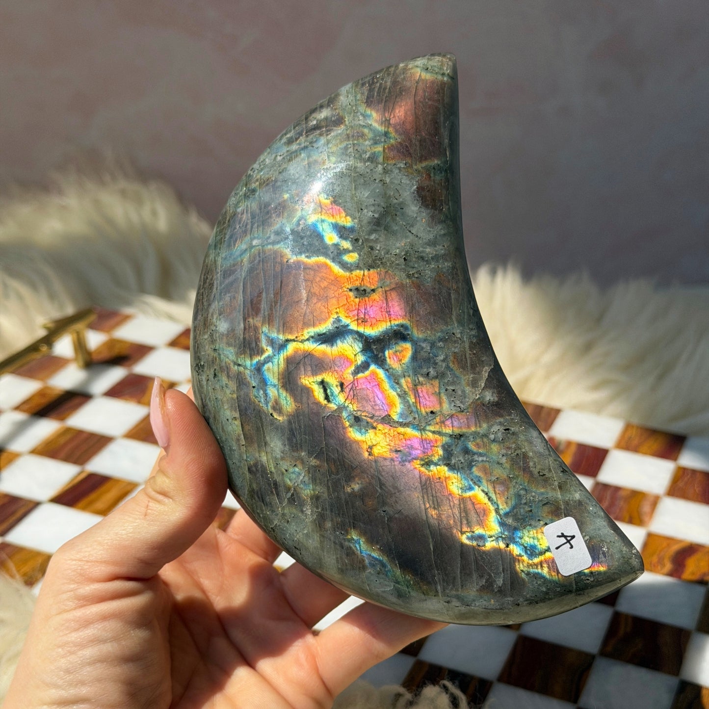 Purple Labradorite Crescent Moon on Metal Stand 1.6lb | Madagascar Crystal
