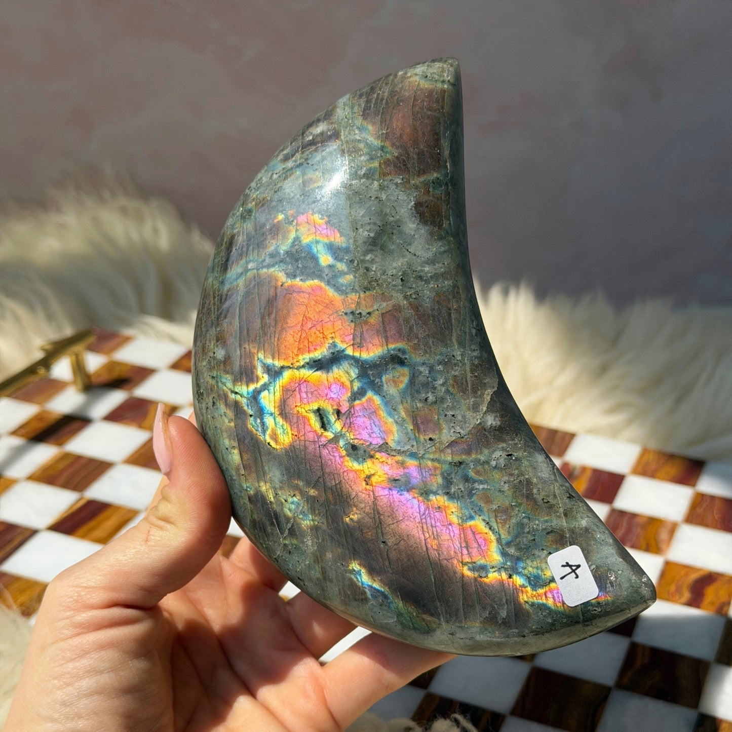 Purple Labradorite Crescent Moon on Metal Stand 1.6lb | Madagascar Crystal