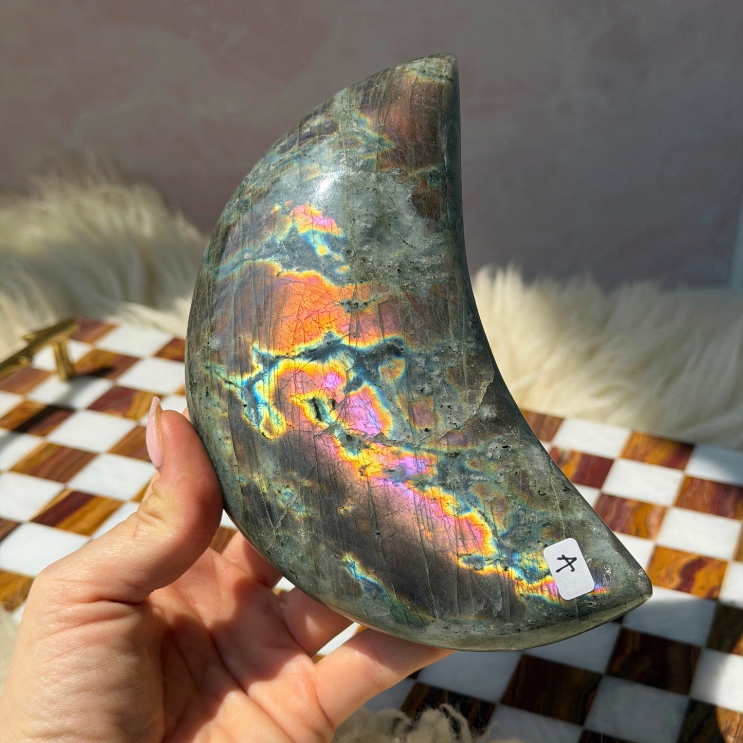 Purple Labradorite Crescent Moon on Metal Stand 1.6lb | Madagascar Crystal