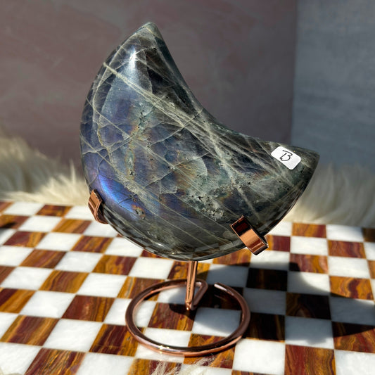 Purple Labradorite Crescent Moon on Metal Stand 1.8lb | Madagascar Crystal