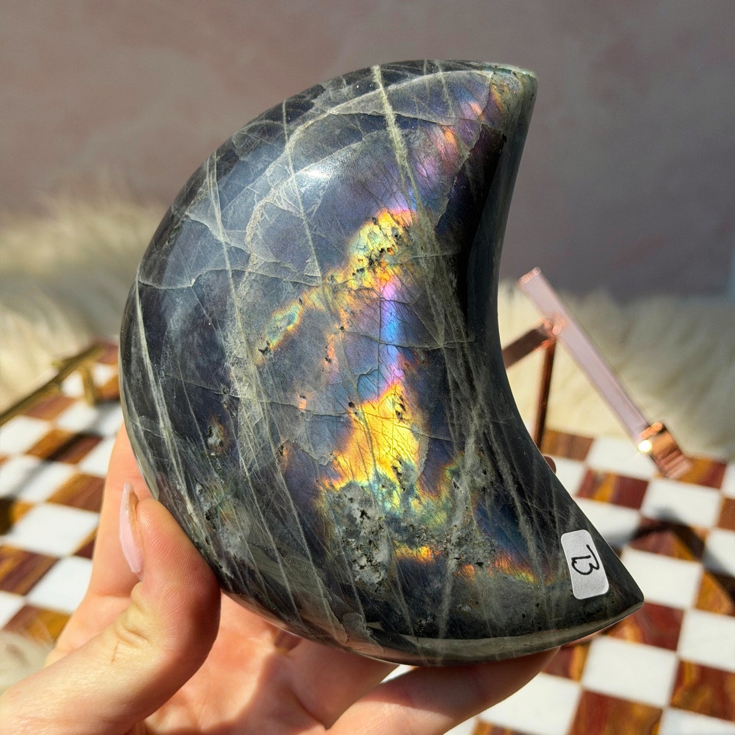 Purple Labradorite Crescent Moon on Metal Stand 1.8lb | Madagascar Crystal