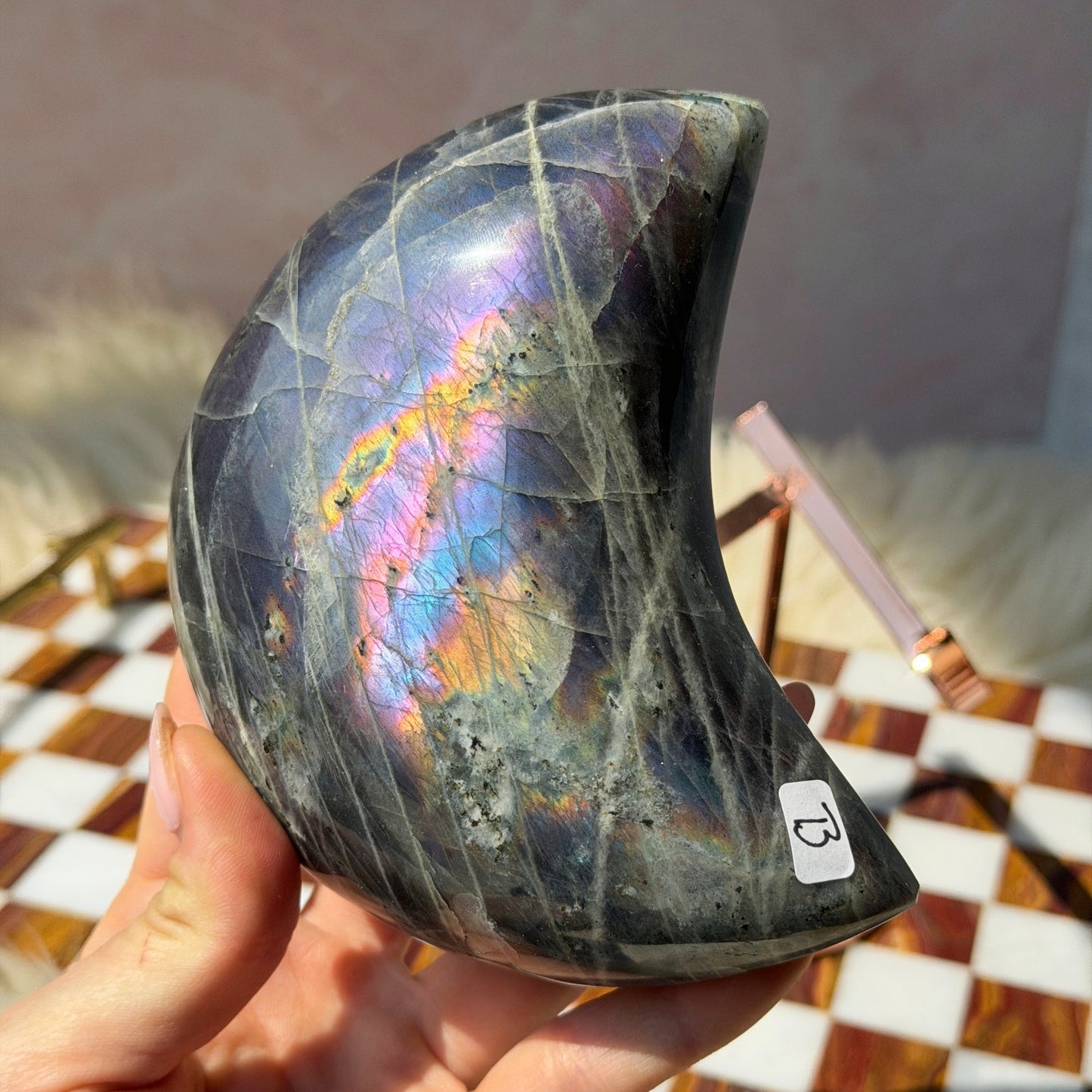 Purple Labradorite Crescent Moon on Metal Stand 1.8lb | Madagascar Crystal