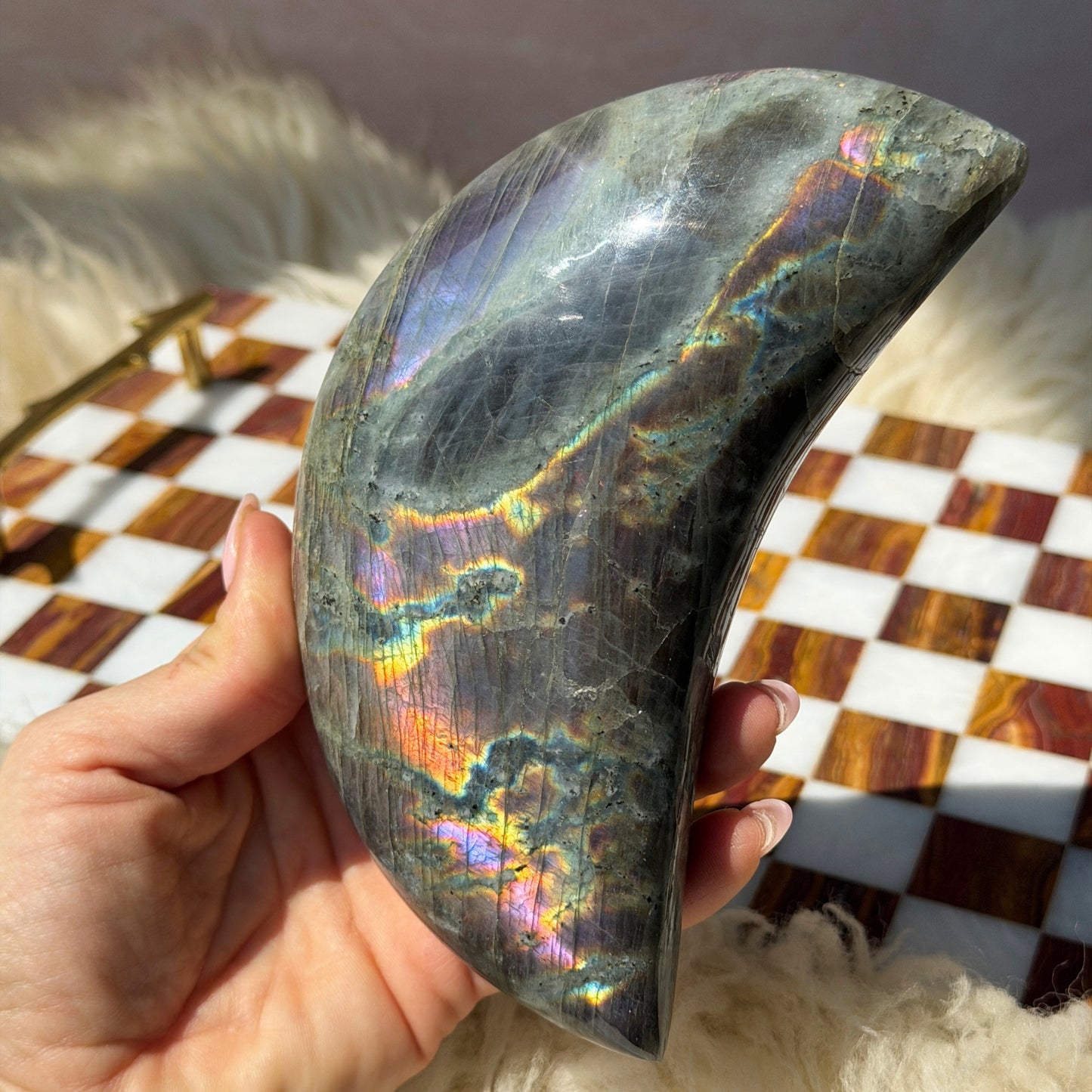 Purple Labradorite Crescent Moon on Metal Stand 1.8lb | Madagascar Crystal