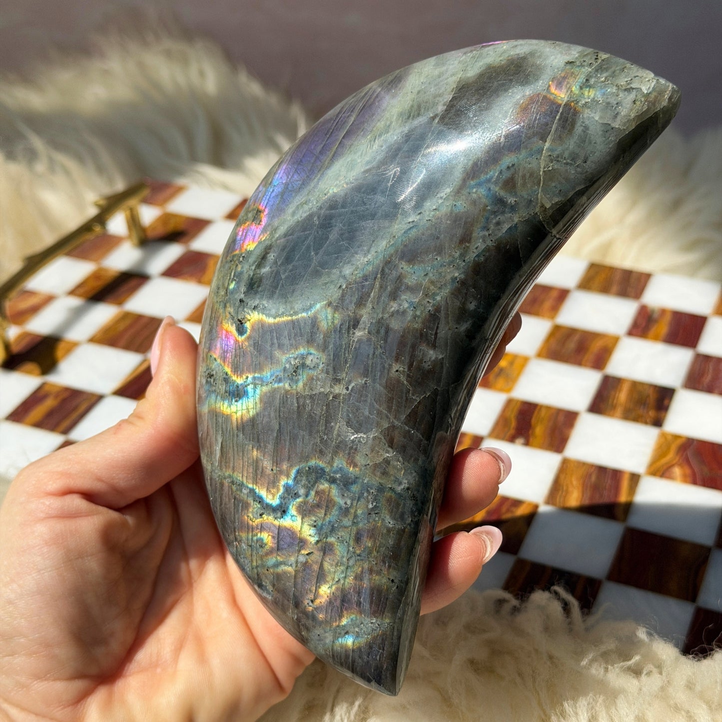 Purple Labradorite Crescent Moon on Metal Stand 1.8lb | Madagascar Crystal