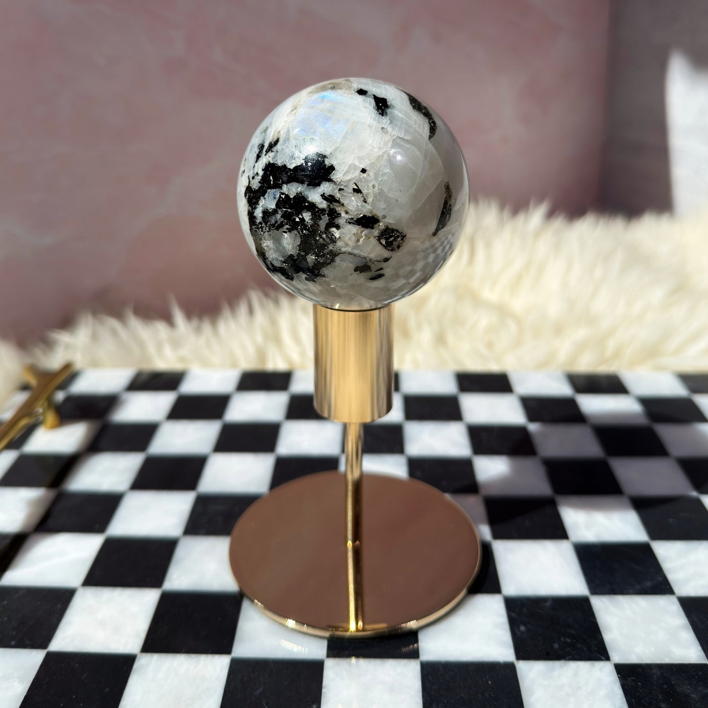Rainbow Moonstone Sphere on Gold Stand 14oz | Natural India Crystal