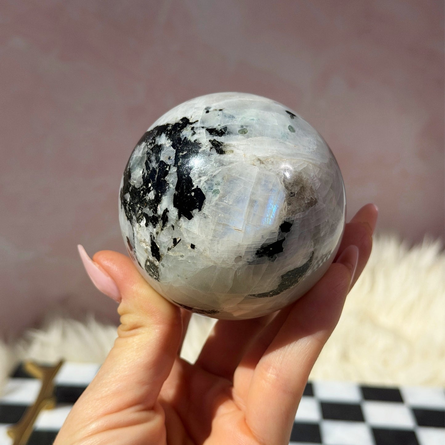 Rainbow Moonstone Sphere on Gold Stand 14oz | Natural India Crystal