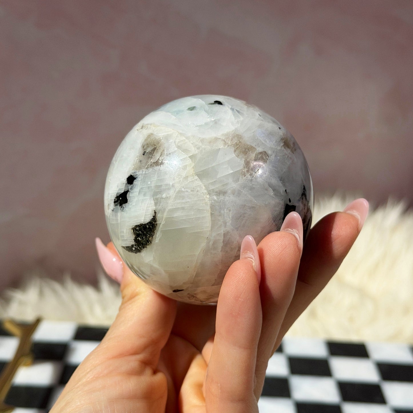 Rainbow Moonstone Sphere on Gold Stand 14oz | Natural India Crystal
