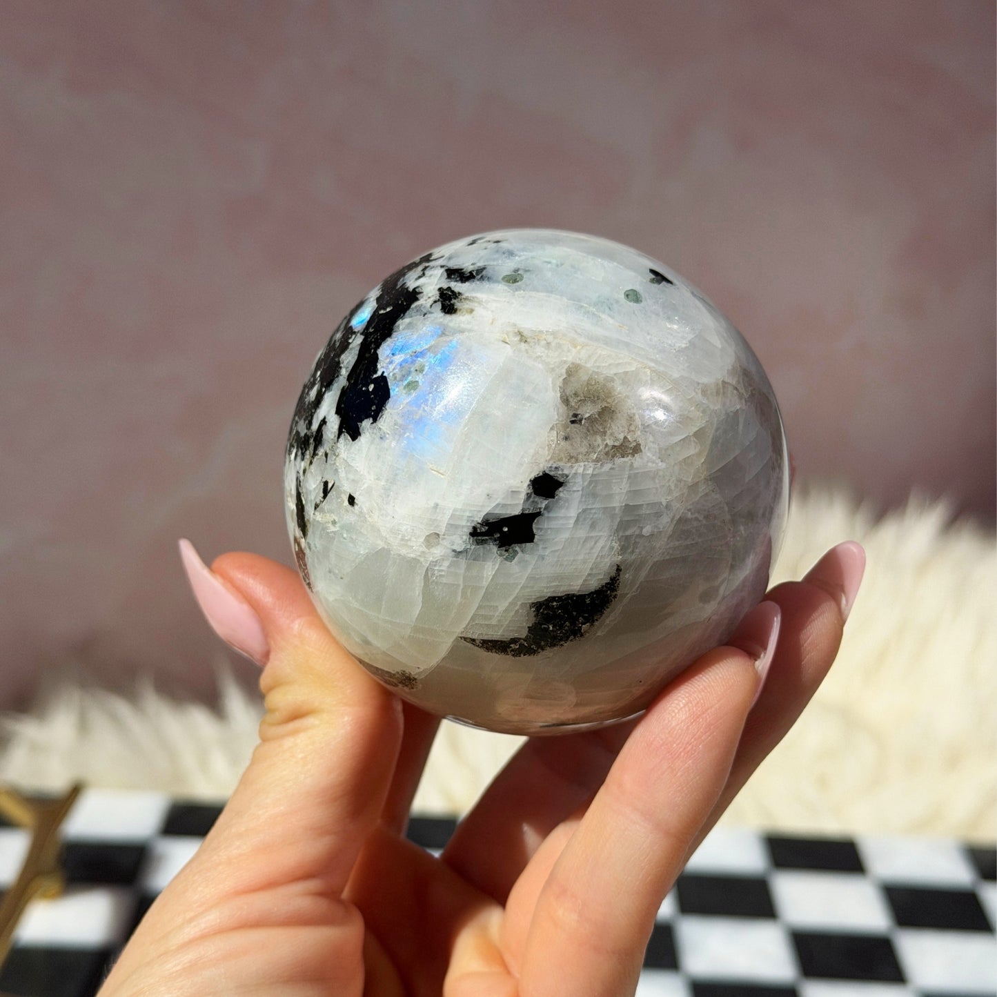 Rainbow Moonstone Sphere on Gold Stand 14oz | Natural India Crystal