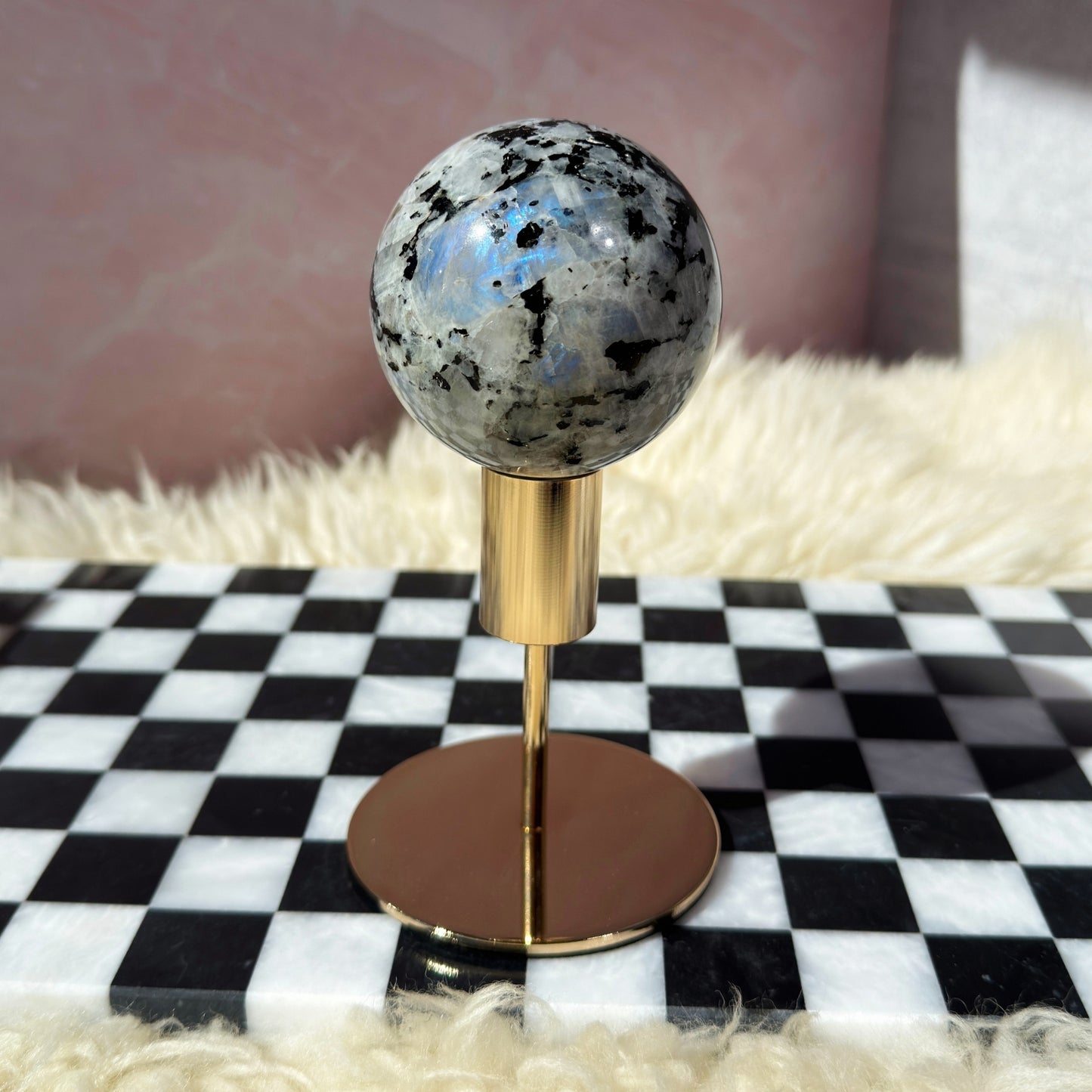 Rainbow Moonstone Sphere on Gold Stand 1lb | Natural India Crystal
