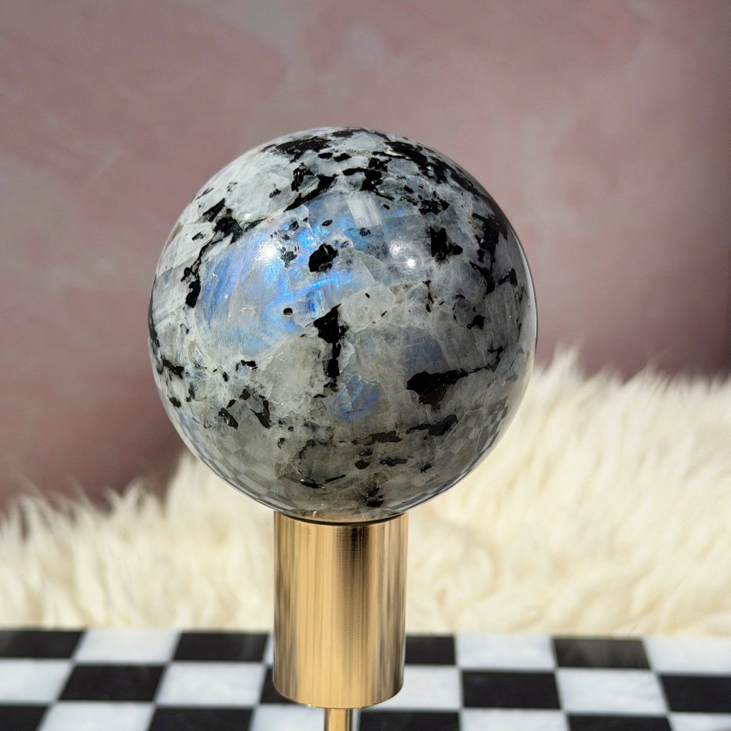 Rainbow Moonstone Sphere on Gold Stand 1lb | Natural India Crystal