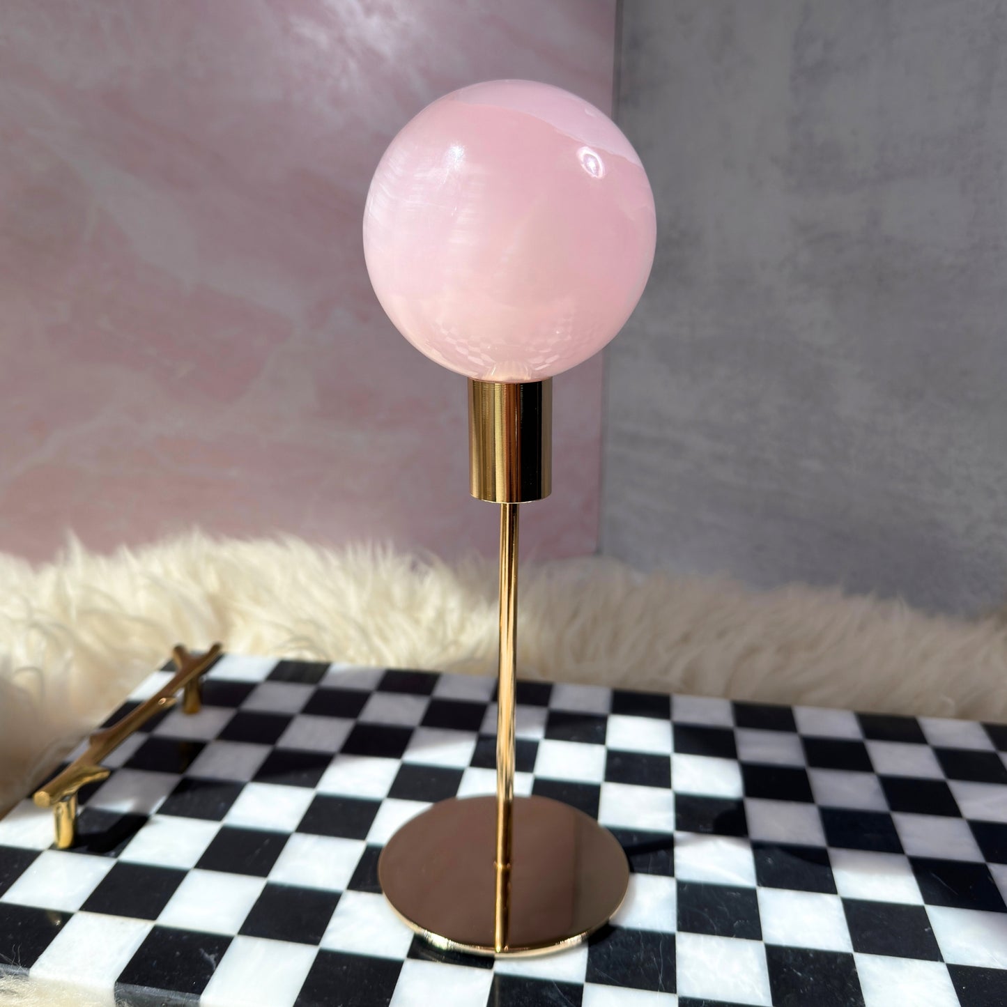 UV Reactive Mangano Calcite Sphere 1.7lb with Gold Stand | Madagascar