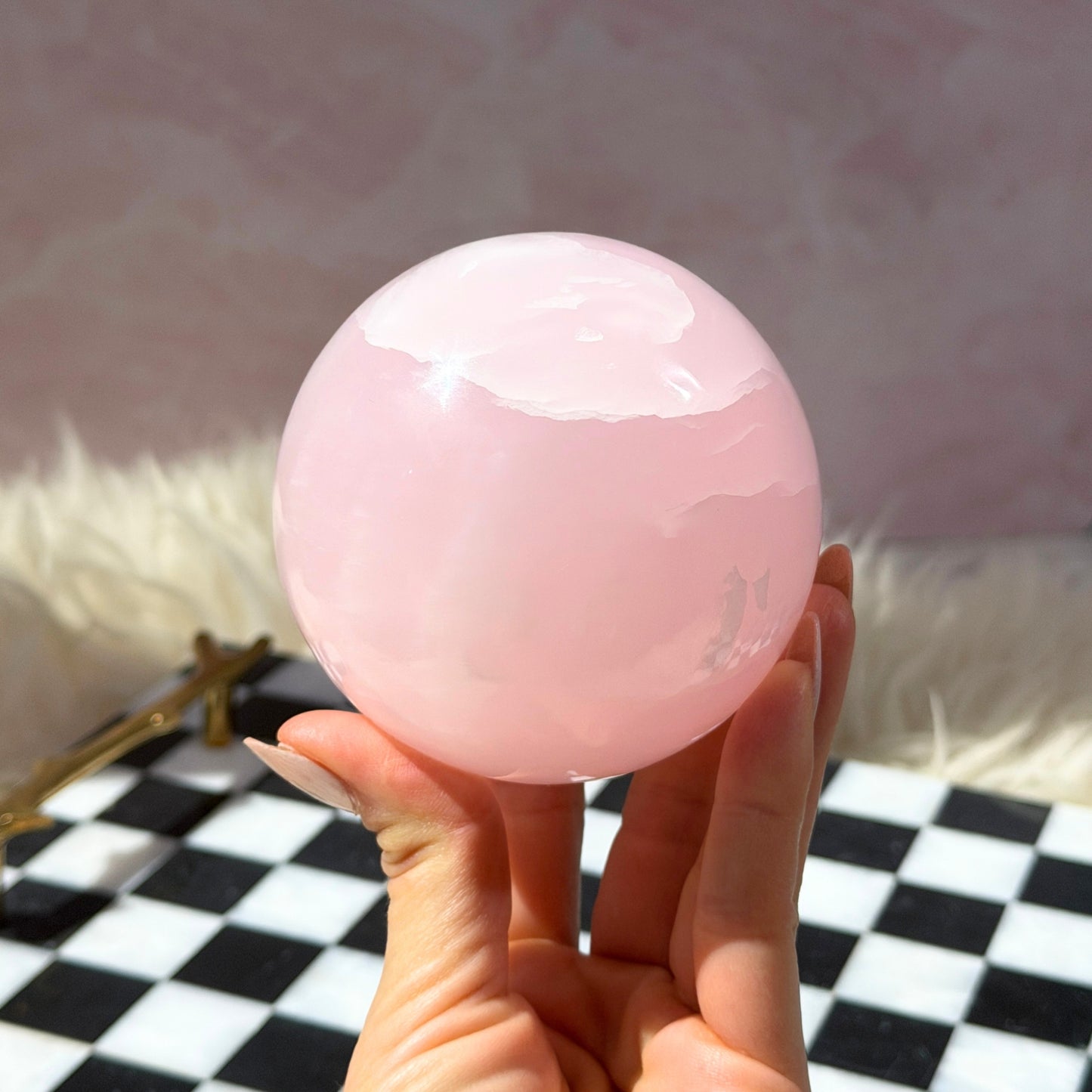 UV Reactive Mangano Calcite Sphere 1.7lb with Gold Stand | Madagascar