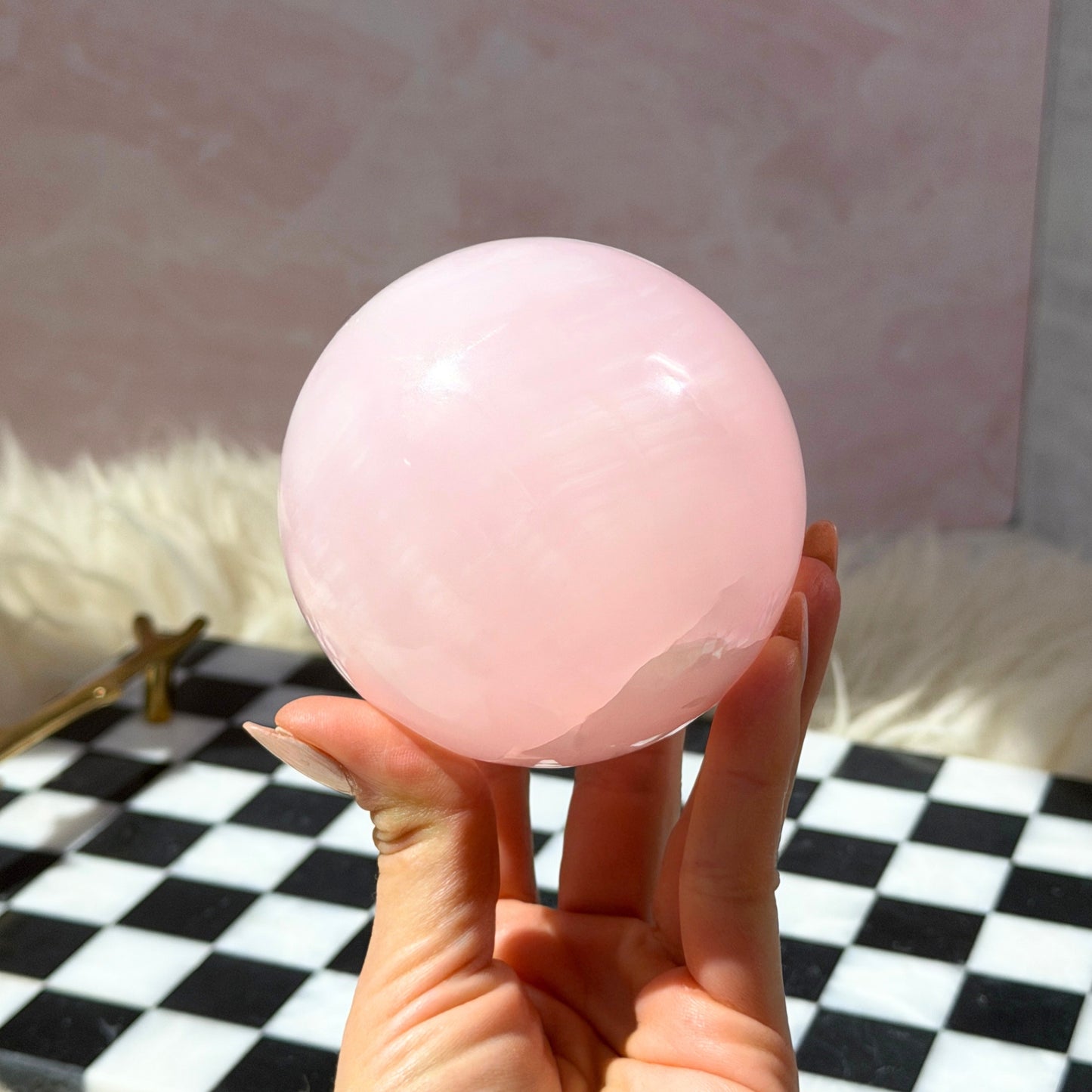 UV Reactive Mangano Calcite Sphere 1.7lb with Gold Stand | Madagascar