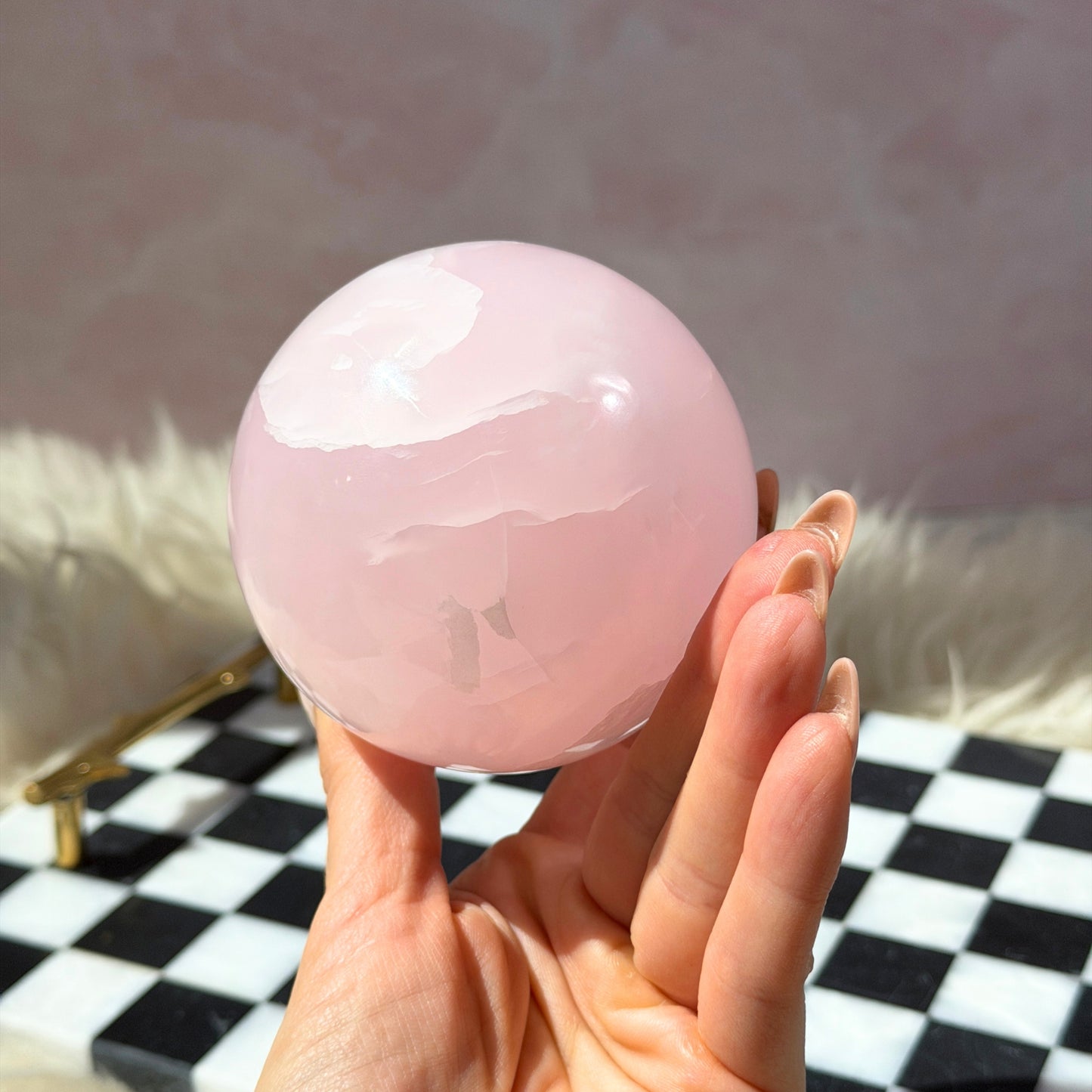 UV Reactive Mangano Calcite Sphere 1.7lb with Gold Stand | Madagascar