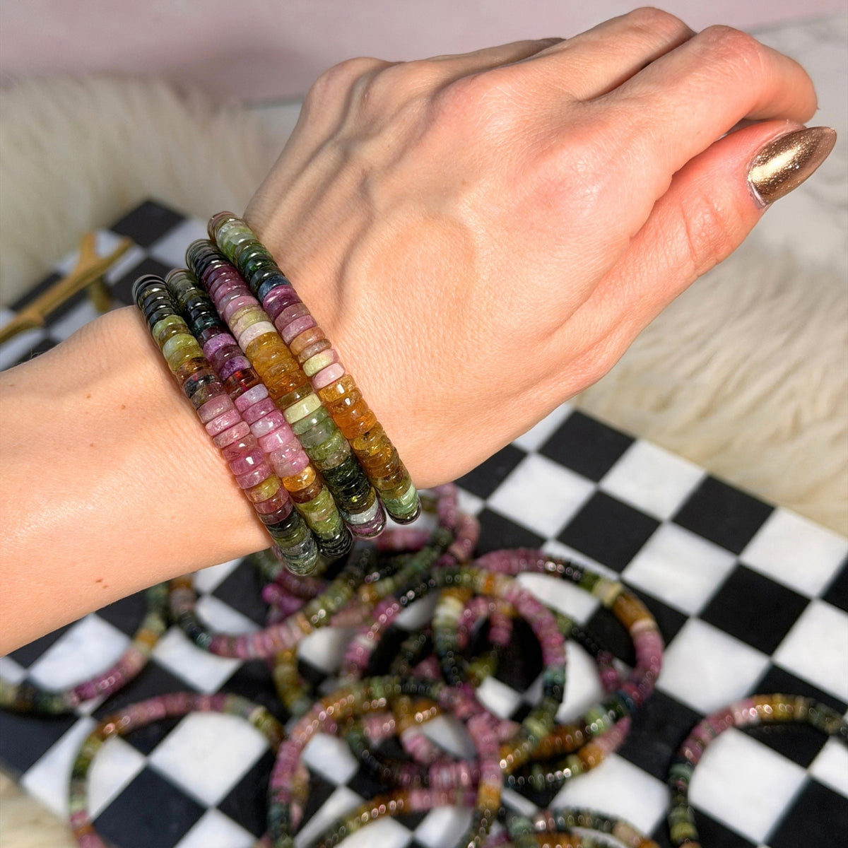 AAA Multi Tourmaline Rondel Beaded Bracelet (Bead size: 6-8mm)