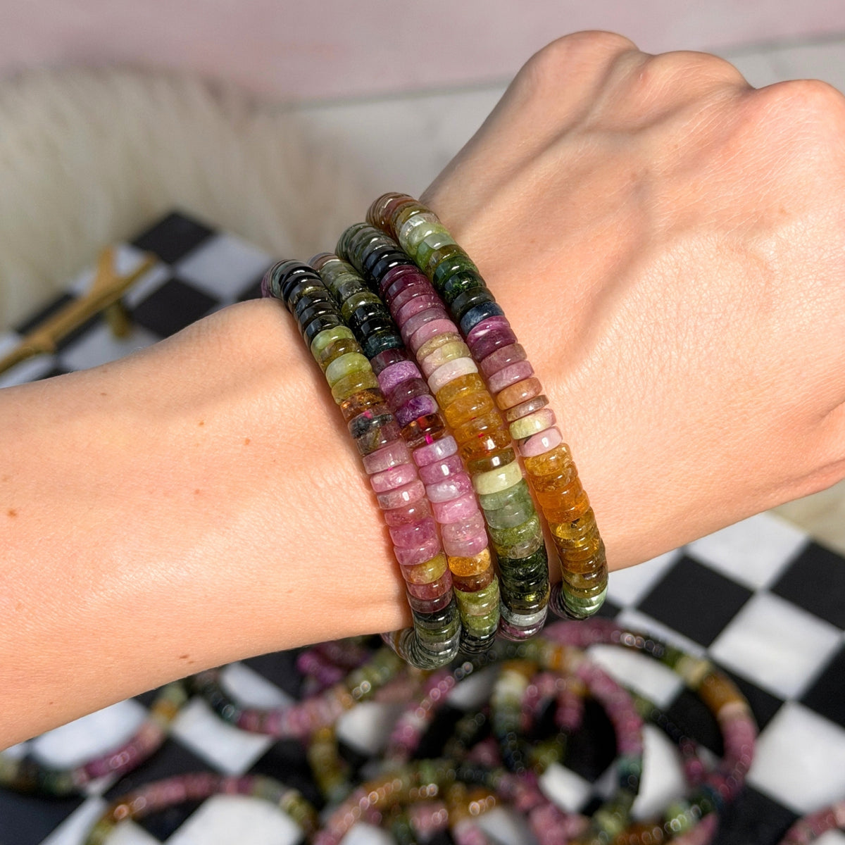 AAA Multi Tourmaline Rondel Beaded Bracelet (Bead size: 6-8mm)