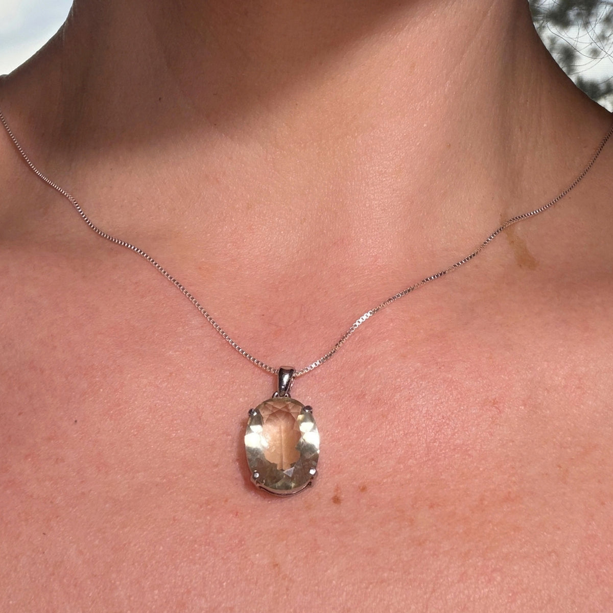 Faceted Libyan Desert Glass Oval Cut Pendant Necklace in Sterling Silver