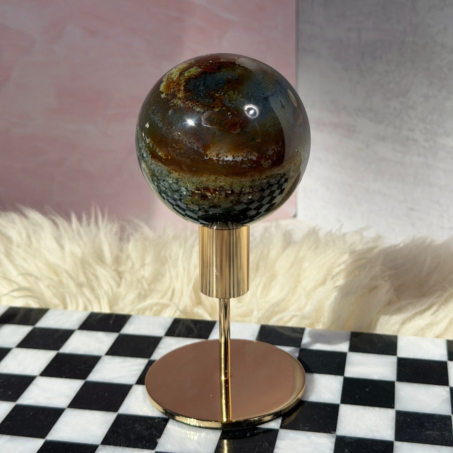 Rare Orbicular Jasper Sphere 1.6lb with Gold Stand | Madagascar