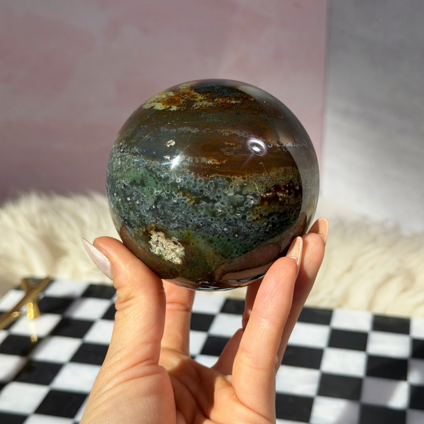 Rare Orbicular Jasper Sphere 1.6lb with Gold Stand | Madagascar