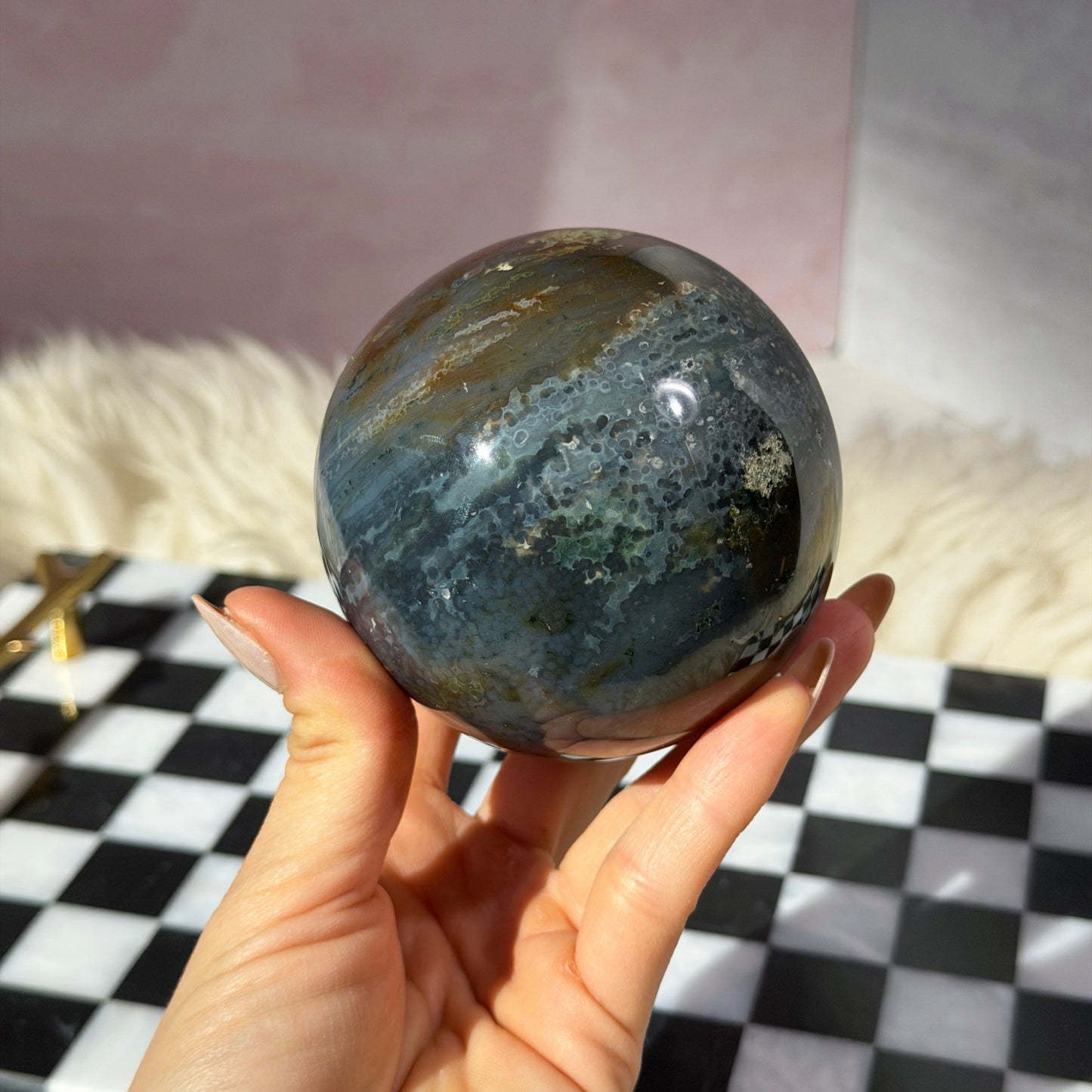 Rare Orbicular Jasper Sphere 1.6lb with Gold Stand | Madagascar