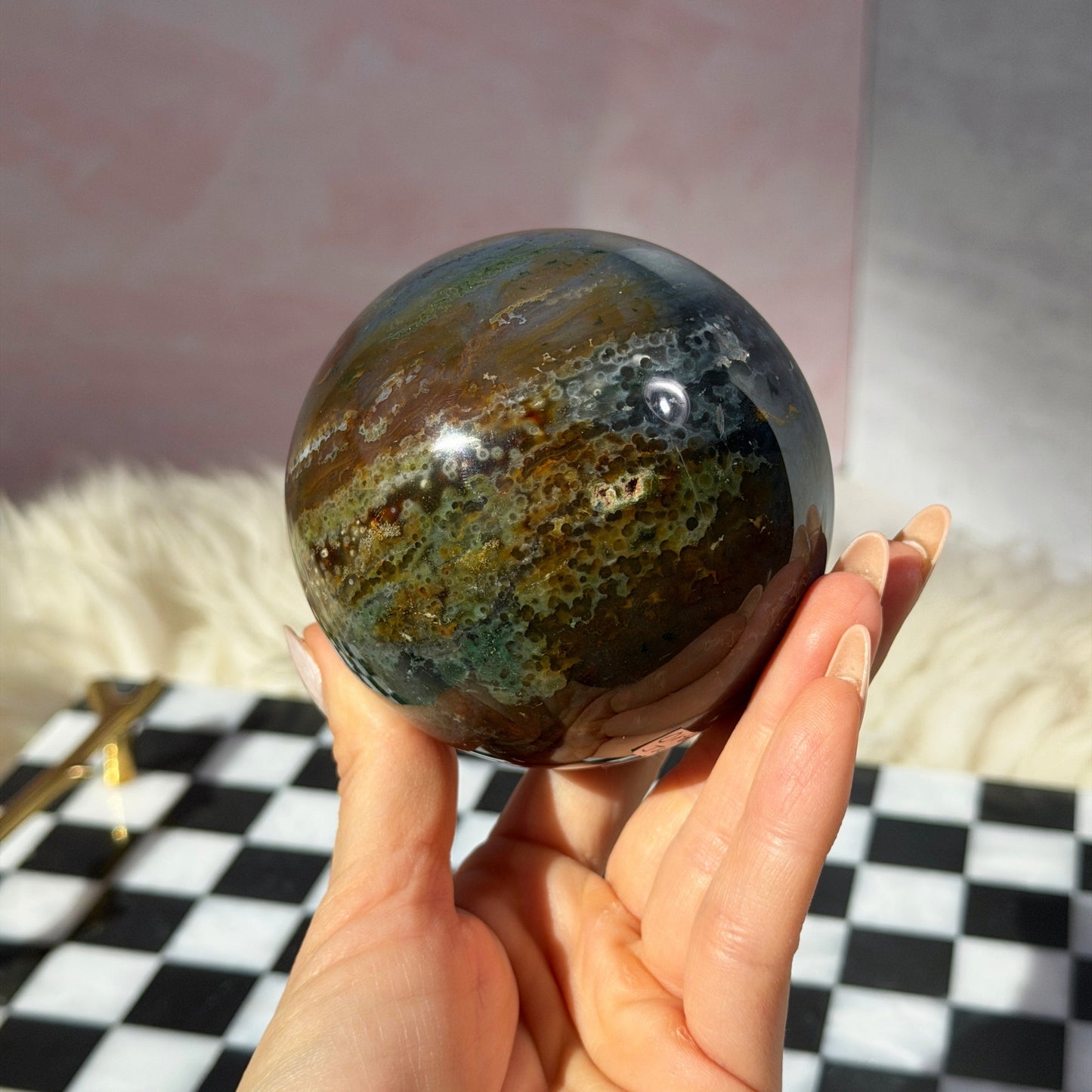 Rare Orbicular Jasper Sphere 1.6lb with Gold Stand | Madagascar