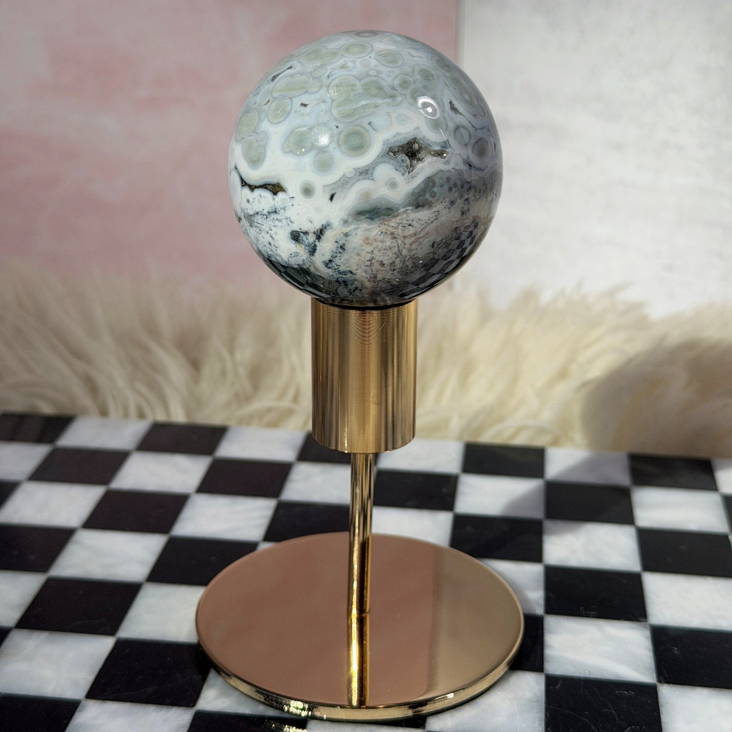Rare Orbicular Jasper Sphere with Druzy Pockets 0.65lb with Gold Stand | Madagascar