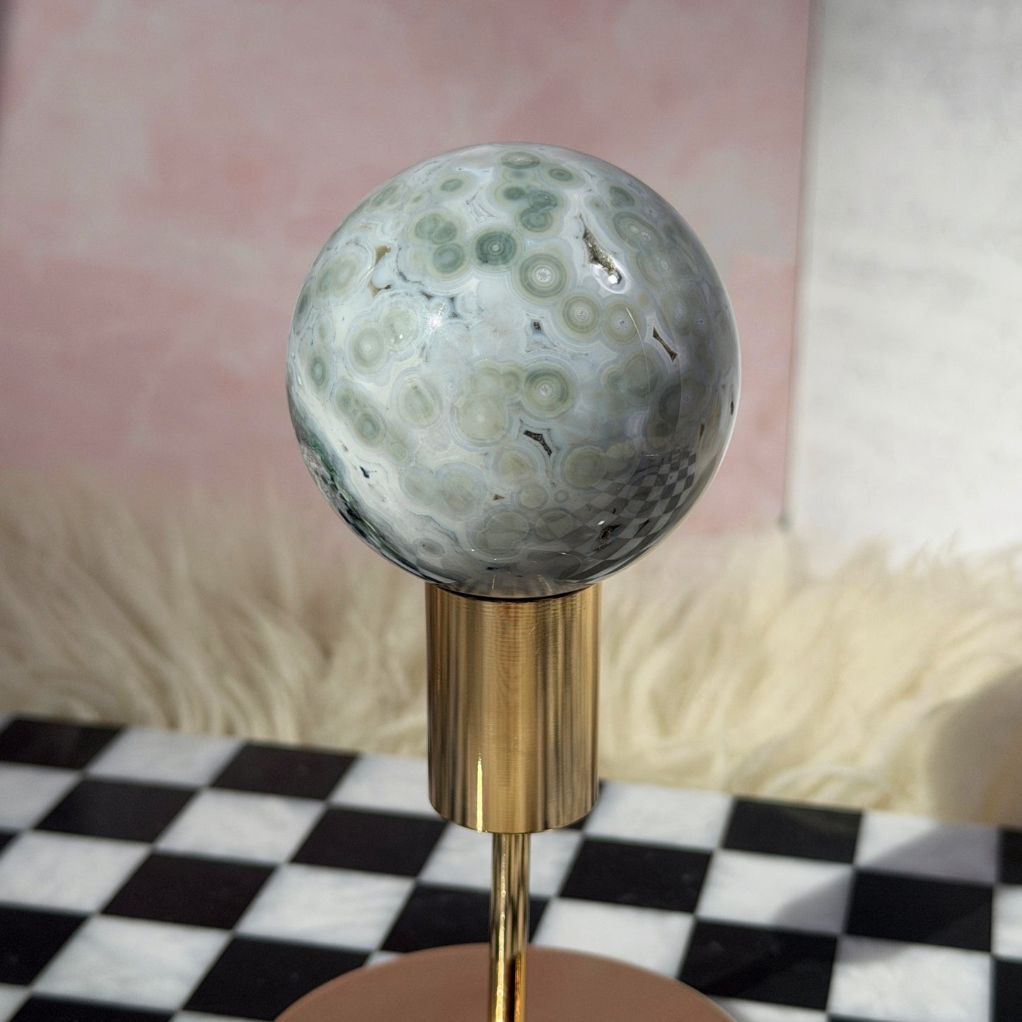 Rare Orbicular Jasper Sphere with Druzy Pockets 0.65lb with Gold Stand | Madagascar