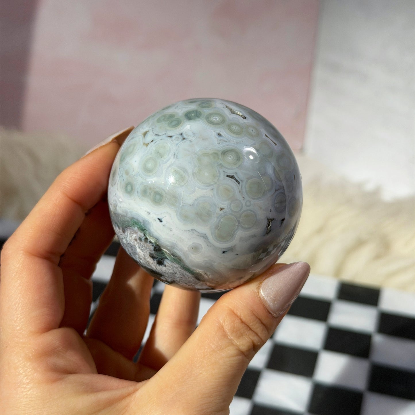 Rare Orbicular Jasper Sphere with Druzy Pockets 0.65lb with Gold Stand | Madagascar